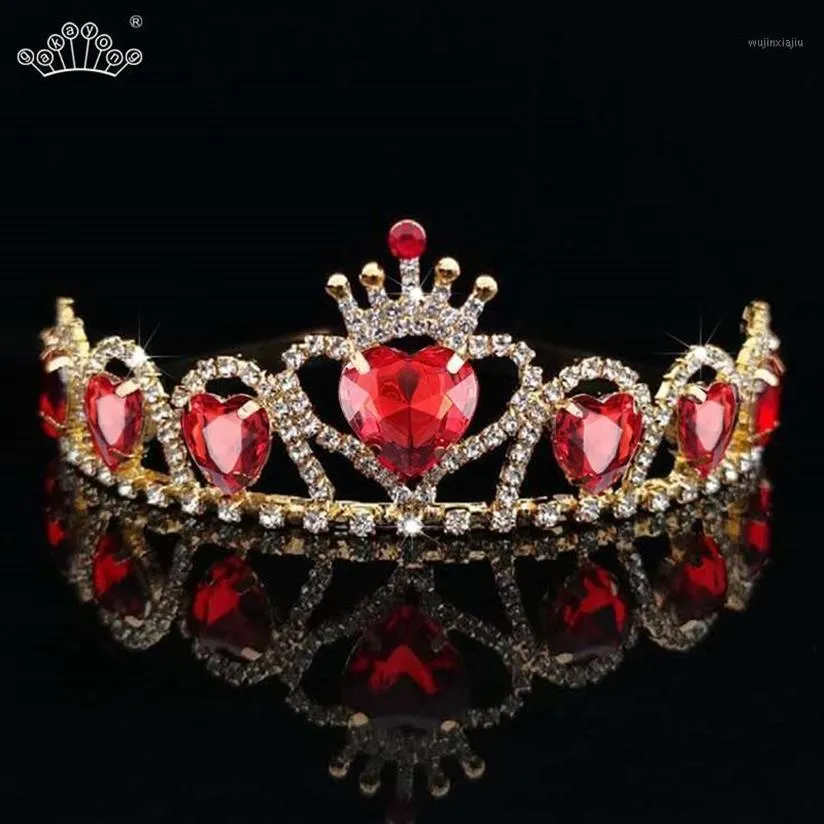 Hårklämmor Barrettes Barock Guldfärg Tiaras Red Heart Queen Princess Crowns Crystal pannband Kid Girls Wedding Accessiories J205Q