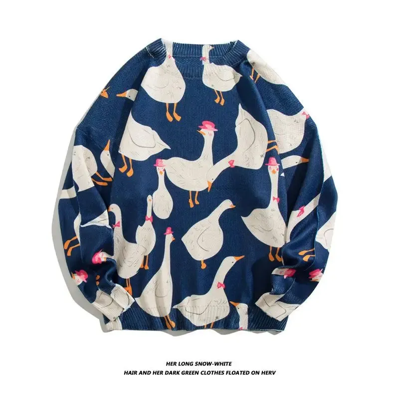 Men s tröjor Boho Cartoon Duck Jacquard Japanese Loose Ströja män Sticked Women O Neck Casual England Style Pullovers Winter Jumpers 231206