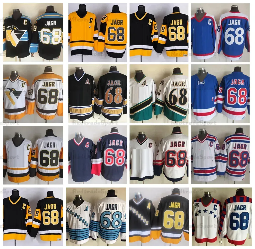 Stitchmens Top 68 Jaromir Jagr Hockey Trikots 1992 Vintage Black White Blue Stitched C Patch