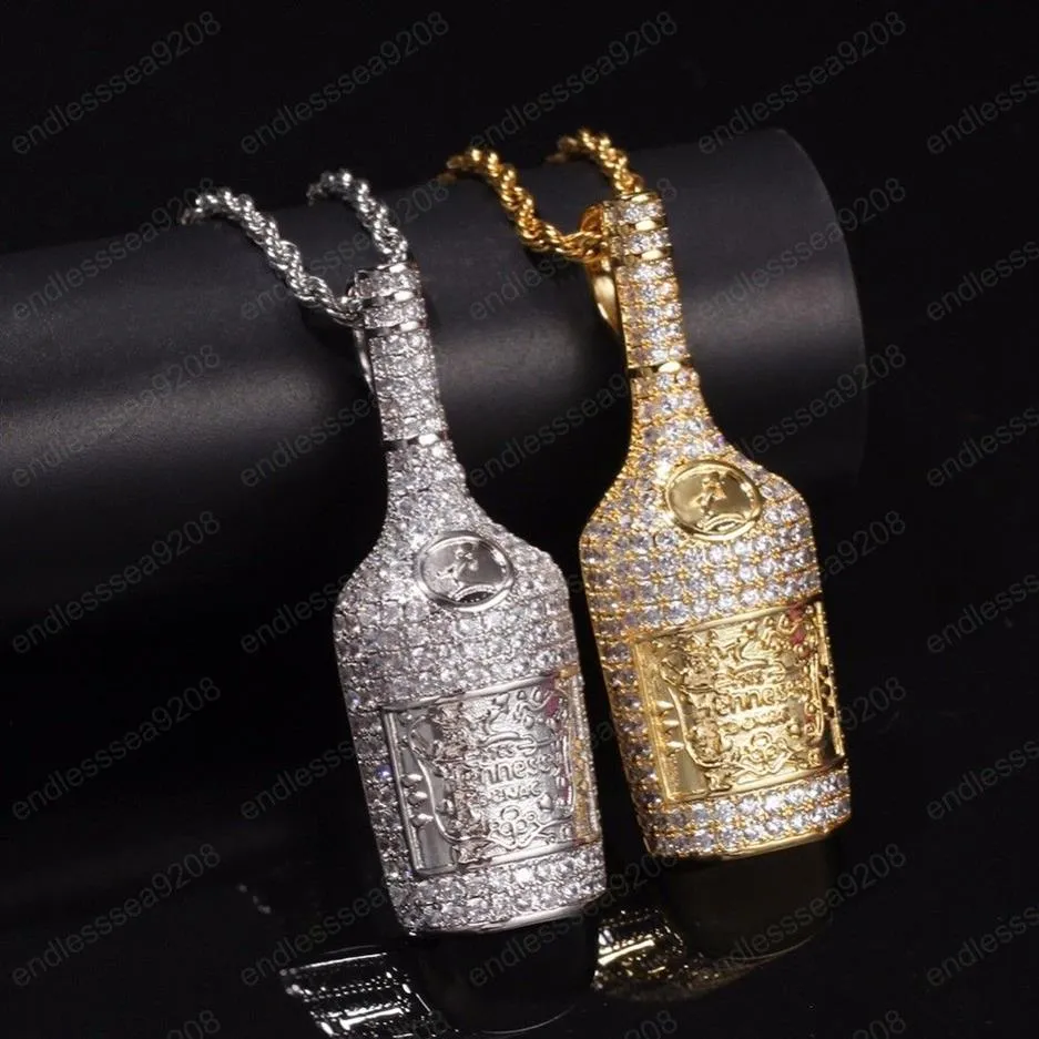 Iced Out Bling Champagne Bottle Pendant Gold Color Red Wine Bottle Necklace for Men Hip Hop Party Jewelry168Q