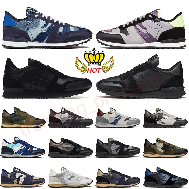 Klassisk rockrunner camo designer skor mesh tyg plattform sneakers topp läder kamouflage gummi sula militär grön trippel svart vita män sporttränare