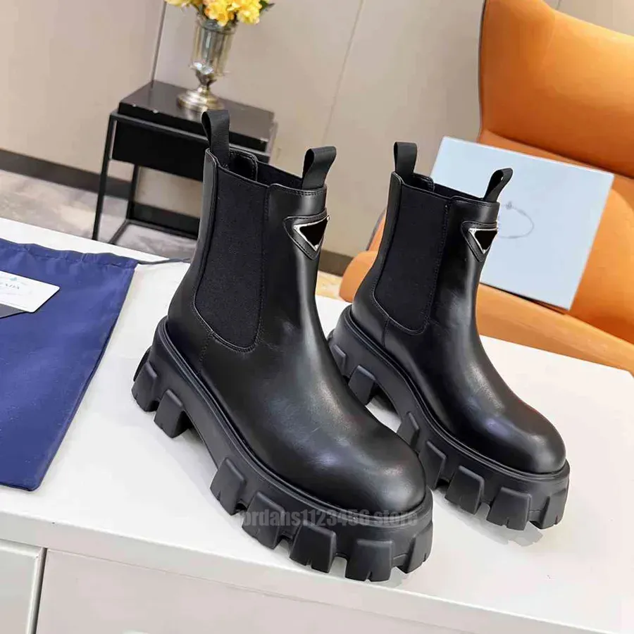 Designer boots luxury women martin motorcycle boot calf leather black inverted triangle brand fashion chelsea boots platform solid color fashionable nylon boot