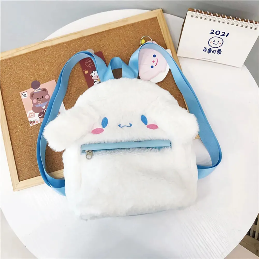 배낭 만화 Sanrioed Cinnamoroll 플러시 배낭 귀여운 흰색 개 봉제 가방 부드러운 박제 학교 가방 어린이 생일 선물 231204