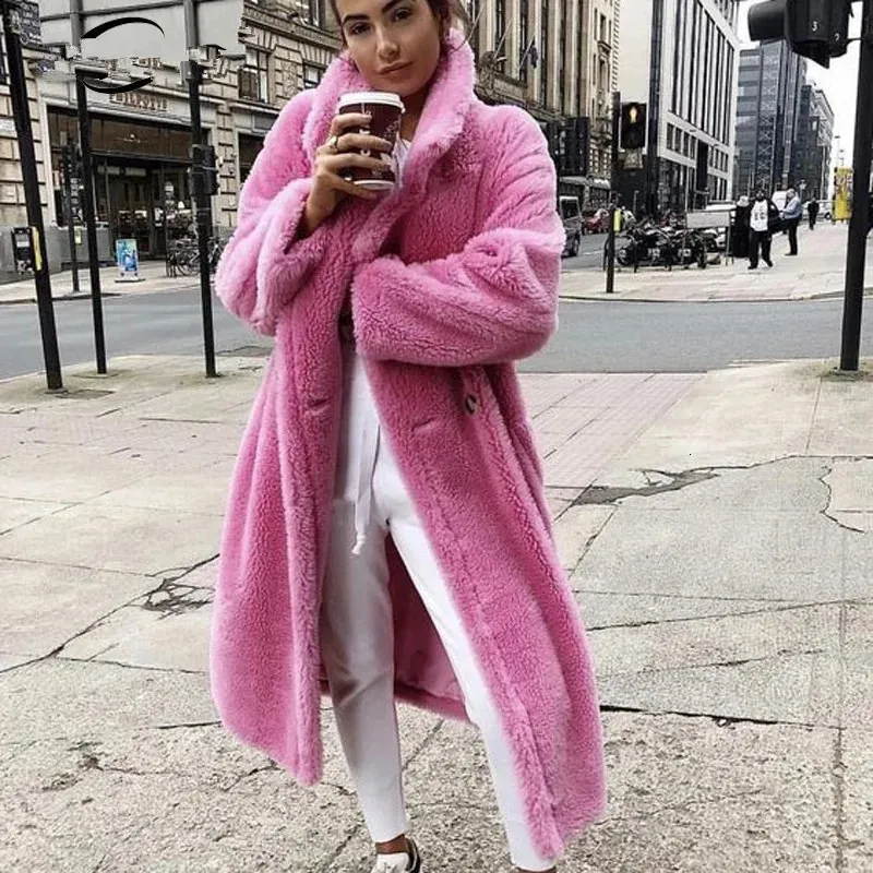 Damen Pelz Kunstpelz DISCVRY Rosa Lange Teddybär Jacke Mantel Frauen Winter Dicke Warme Übergroße Klobige Oberbekleidung Frauen Faux Lammwolle Pelzmäntel 231205