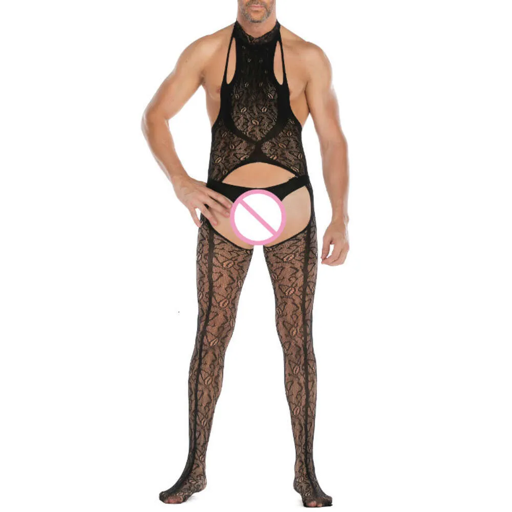 Hommes dentelle Lingerie col suspendu vêtements de nuit homme Jacquard ouvert entrejambe vêtements de nuit S dos nu combinaison Sexy mâle body offre spéciale