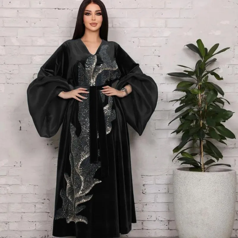 Ethnische Kleidung Abaya für Frauen Puffärmel Muskel Herbst/Winter Langer Robe Gold Samt Kleid Perlen verwickelt Ramadan Gurban Kaftan Caftan