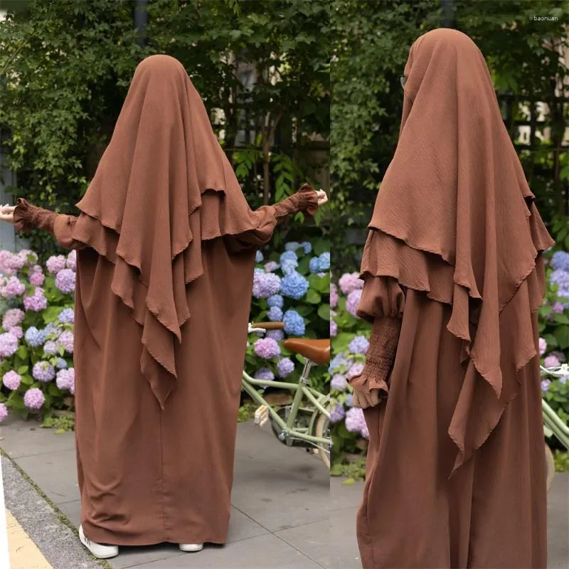 Abbigliamento etnico Abaya Khimar Set 2 pezzi Abiti da preghiera Donna Lungo triangolo Hijab Sciarpa Abito con polsini smock Dubai Islam Abito musulmano Ramadan