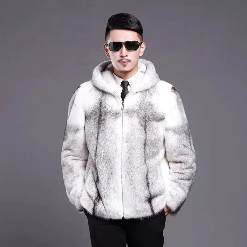 Men's Fur Faux Fur Manteau a Capuche en Fourrure de Vison pour Homme Veste Courte Decontractee Coupe Slim avec Fermeture eclair Grande Taille 231205