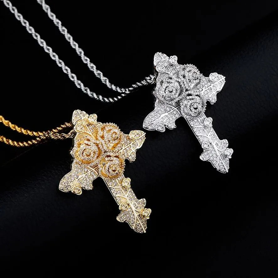 Bling Diamond Stone Rose Flower Cross Pendants Necklace Jewelry Real 14K Gold Plated Lover Gift Couple Religious Jewelry Valentine265S
