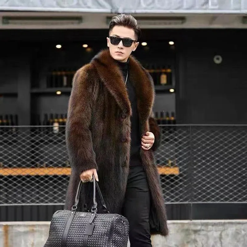 Manteau d'hiver en fourrure de vison pour homme - Veste longue en laine à capuche - Noir, Black, Small