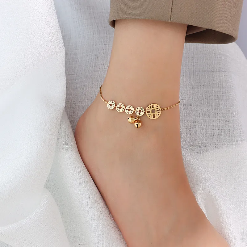 Modna Ins Bells Anklet Chinese Style Copper Coin wisiorek łącząca kostkę wielokrotną tytanową stal 18k złota