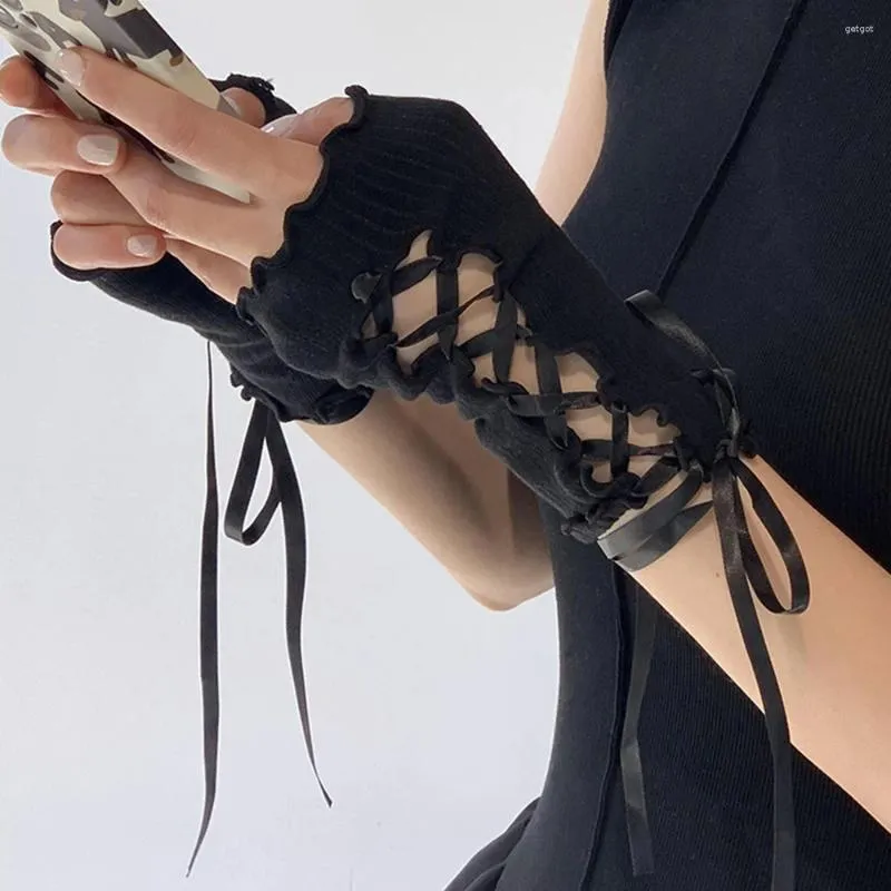 Kniebeschermers Ontwerp Vrouwen Sexy Bandage Vingerloze Handschoenen Gothic DIY Strapping Zonnebrandcrème Mouw Lolita Jk Emo Y2k Elastische Mesh Punk