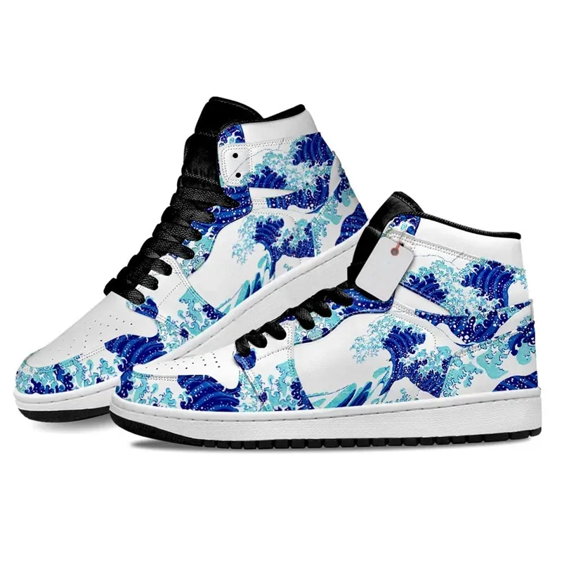 Moda Homens Mulheres Anime Vestido Sapatos Japonês Kanagawa Great Wave J1 Sneakers Itália Clássico High Top Manga Designer De Couro Personalizado Para Fãs Animes Sapatos Esportivos UE 36-48