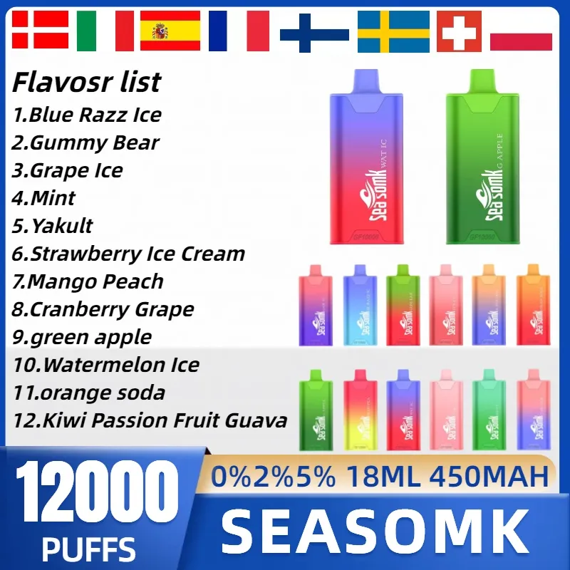 SEASOMK puff 12000 Disposable Vape 1.1mesh coil rechargeable e-cigarette Device 12 Flavors 450mah Battery 18ml capacity pod vape pen 0% 2% 5% puff bar vs BANG puff 12k