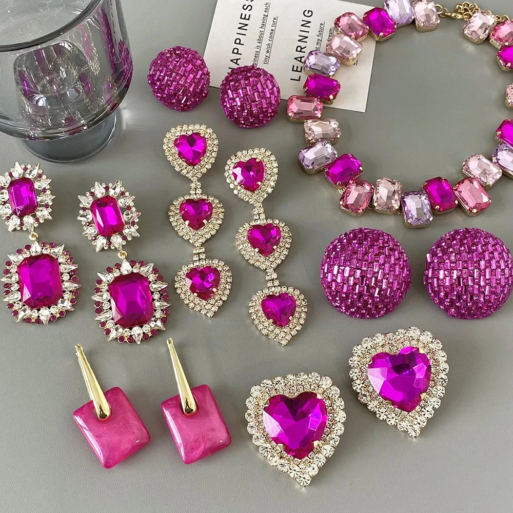 Charm Aensoa Vintage Pink Inlaid Zircon Tassel Earring för kvinnor överdrivna full Neo Crystal Heart Flower 231205