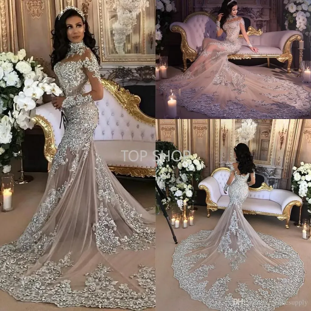 Vestido De Novia De Sirena Brillante Con Escote Transparente