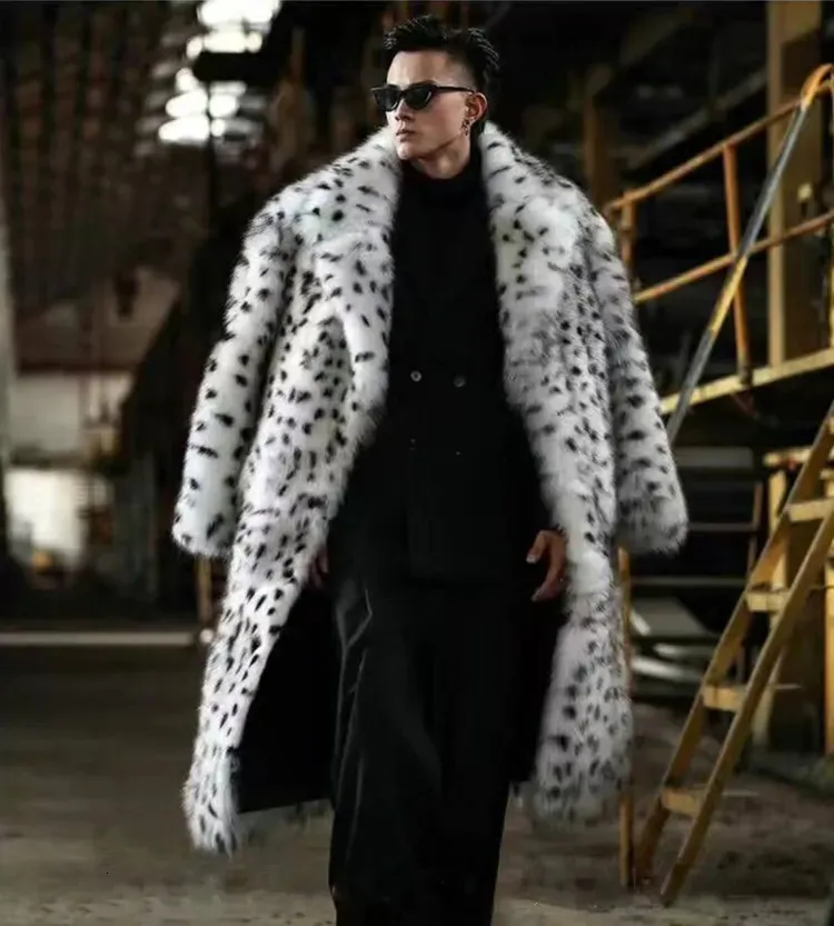 Herrpäls faux leopard tryck päls integrerad man kappa lång kostym krage imitation trend vinter varm jacka 231205