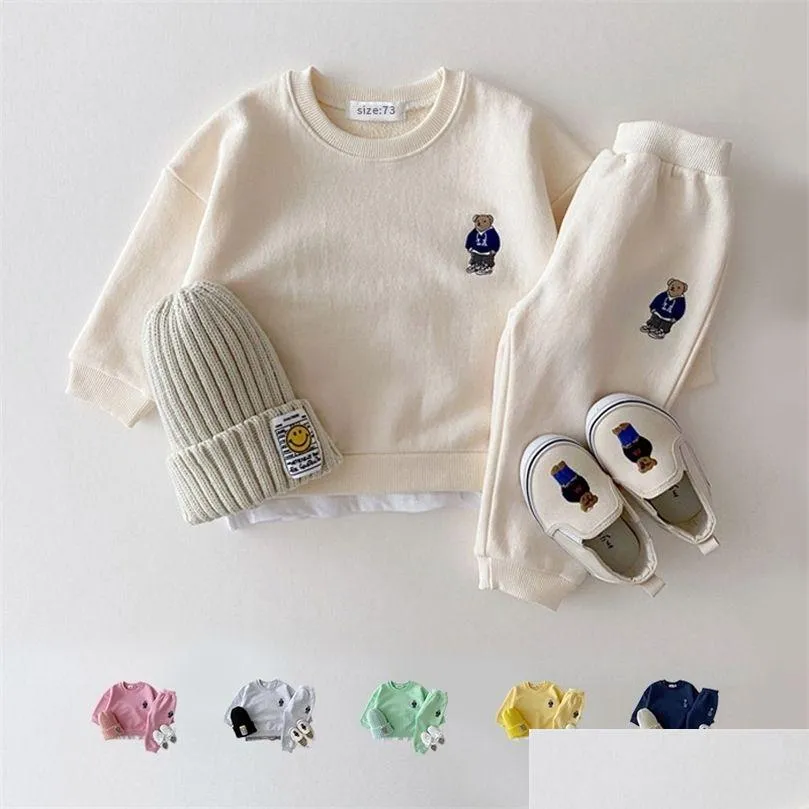 Clothing Sets Korea Toddler Outfits Baby Boy Tracksuit Cute Bear Head Embroidery Sweatshirt Pants 2Pcs Sport Suit Kids Girls Clothes S Dhzuq