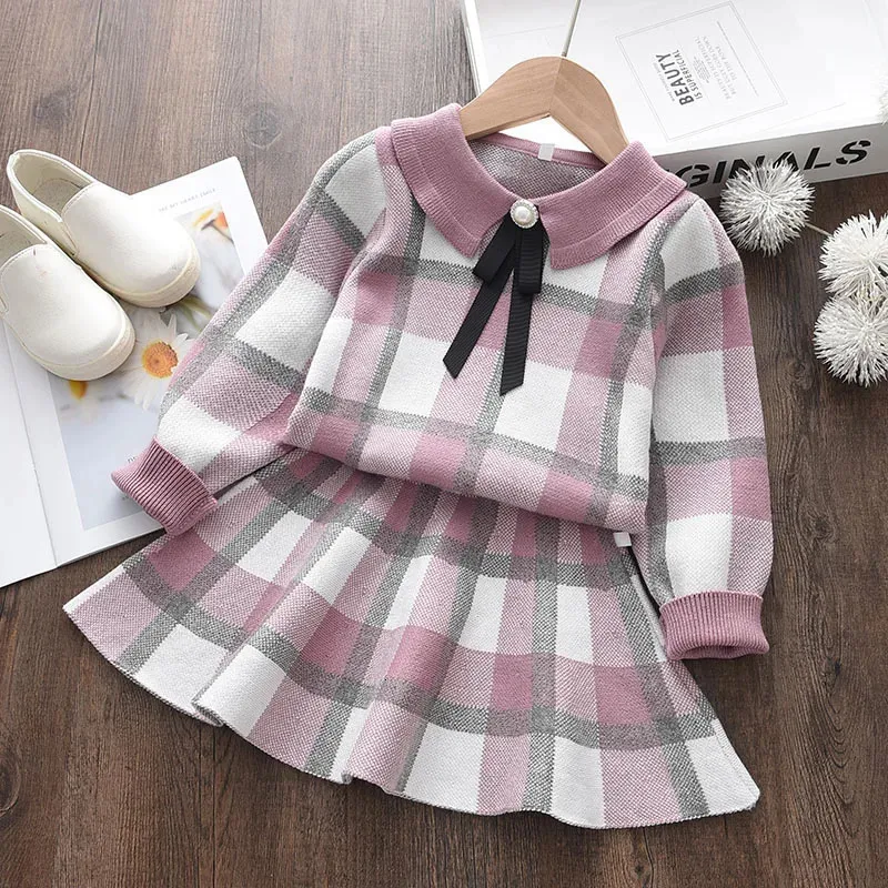 Girl's Dresses Bear collar winter baby knitted dress for warmth autumn toddler girl pleated sleeves sweater dress lace dress 2312306