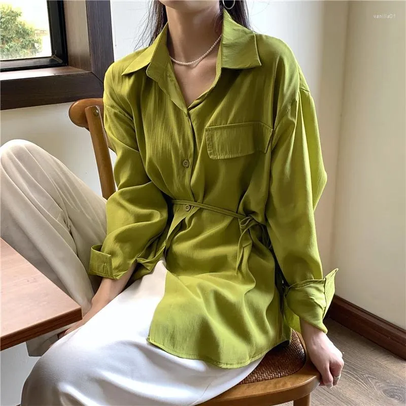 Blouses pour femmes vert avocat crème solaire chemise veste col rabattu à lacets longues femmes 2023 automne manches élégant bureau haut