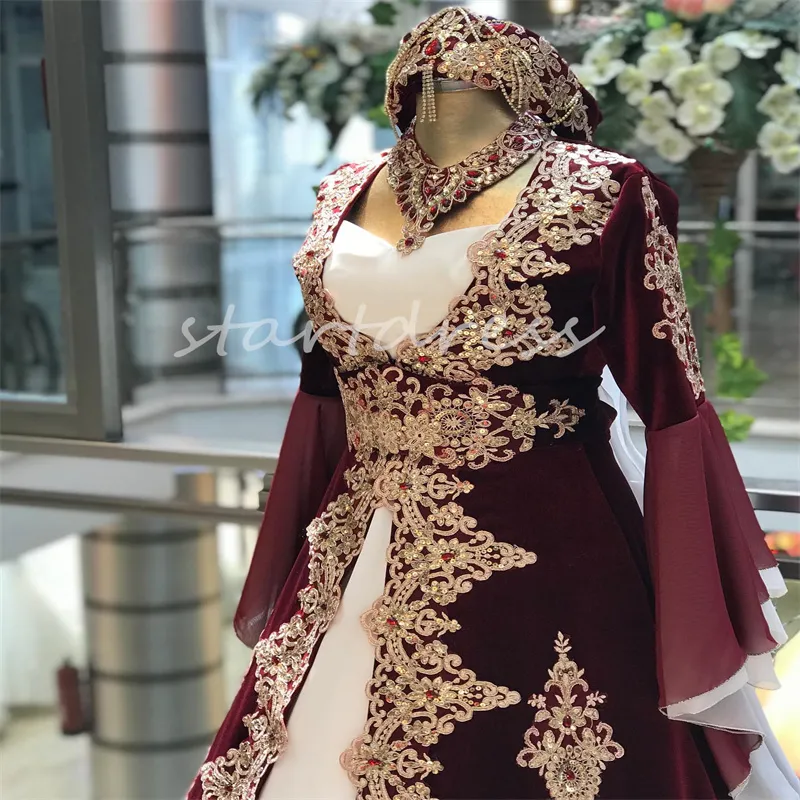 DHgate Turkish Burgundy Arabian Evening Dress 2024 Gold Appliques Lace Kaftan Moroccan Abayas Prom Dress Long Sleeve Vestidos De Novia Formal Occasion Birthday Party Gown Wedding Party Events