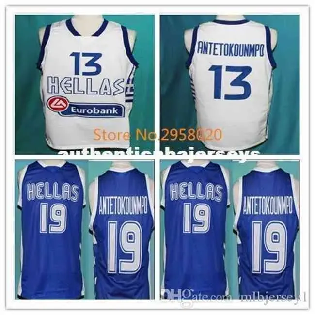 Cheap Custom Antetokounmpo #13 Team Greece Basketball Jersey White Blue Embroidery Stitched Custom Any Number and Name Jerseys vest Shirt