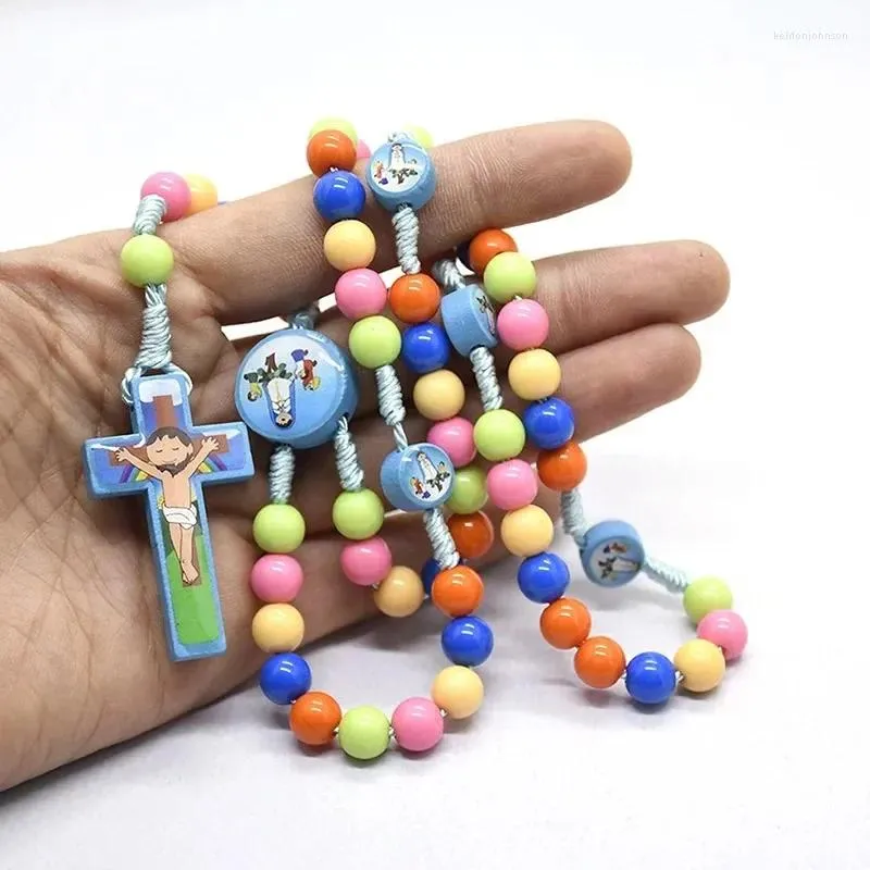 Anhänger Halsketten 1PC Cartoon Jesus Kreuz Halskette Rosenkranz Perlen Kinder Kind Mädchen Katholische Christliche Orthodoxe Mode Religiöse Schmuck