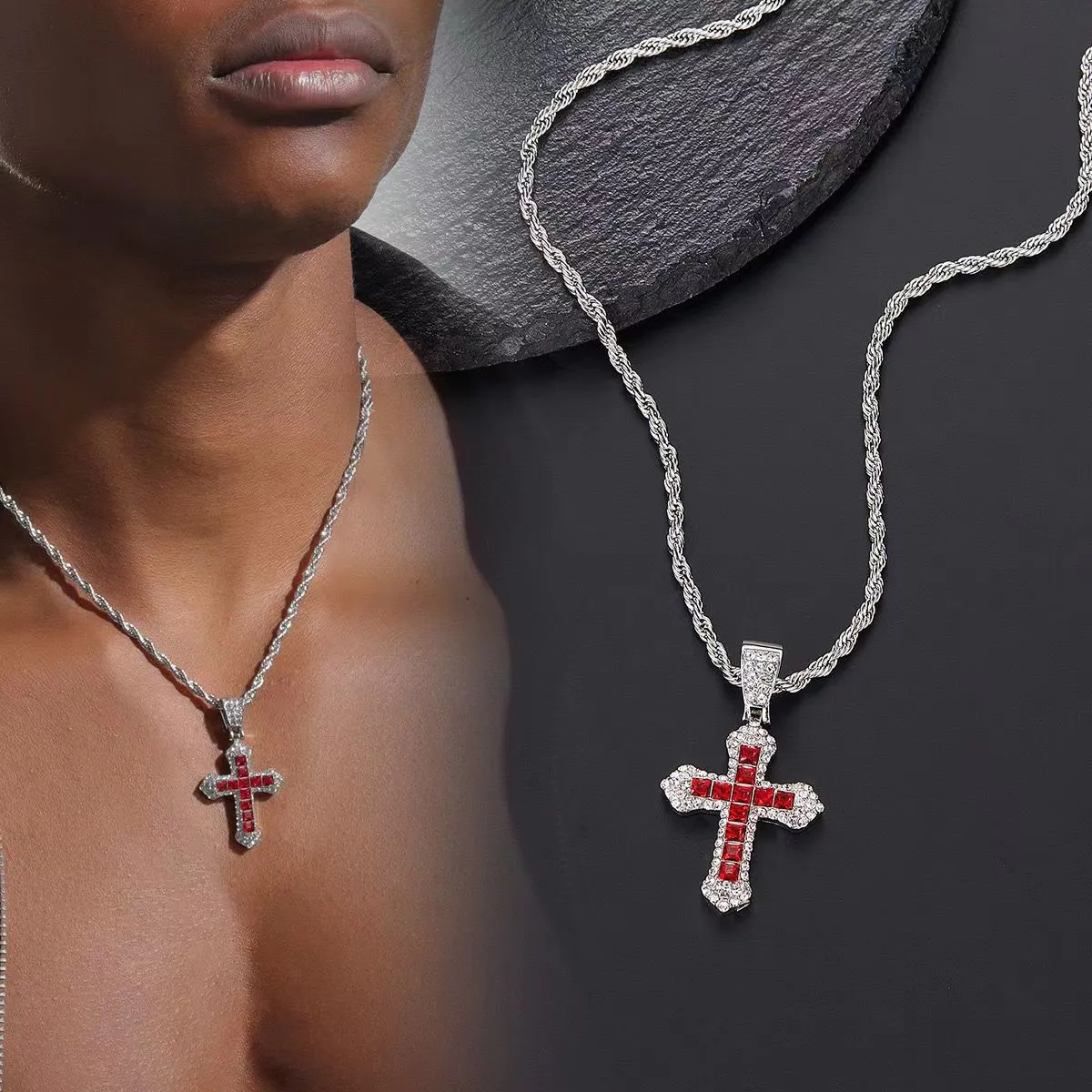 Collier croix plein de diamants, pendentif en pierre blanche, tendance Hip Hop, chaîne en cristal polyvalente personnalisée, nouvelle collection