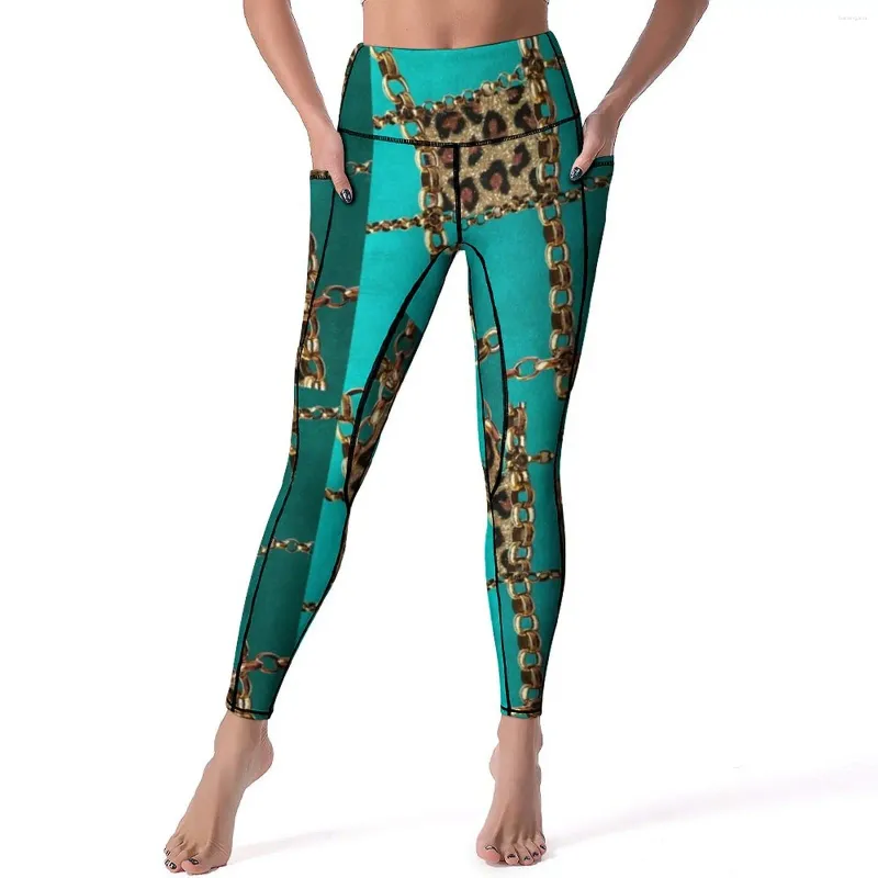 Leggings para mujer Pantalones de yoga con estampado de cadena dorada Diseño de leopardo animal Push Up Fitness Leggins para correr Mujeres Medias deportivas elásticas vintage