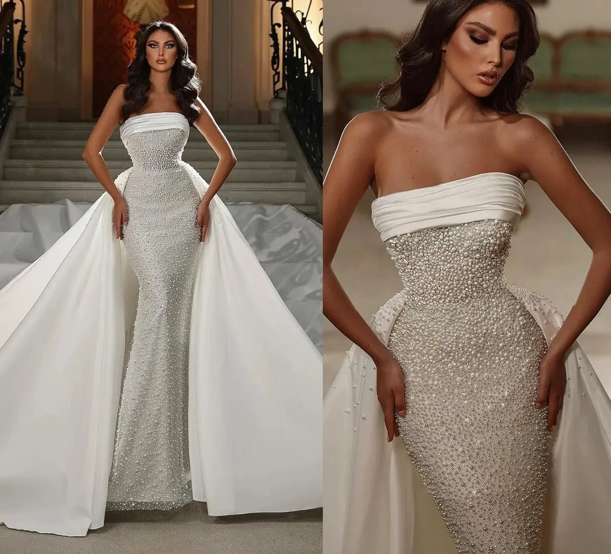 2024 Luxury Mermaid Wedding Dress with Löstagbar Trapless Full Pearls Pärlor Backless Chapel Train Sequin Bridal Bowns for Women Vestidos de Novia