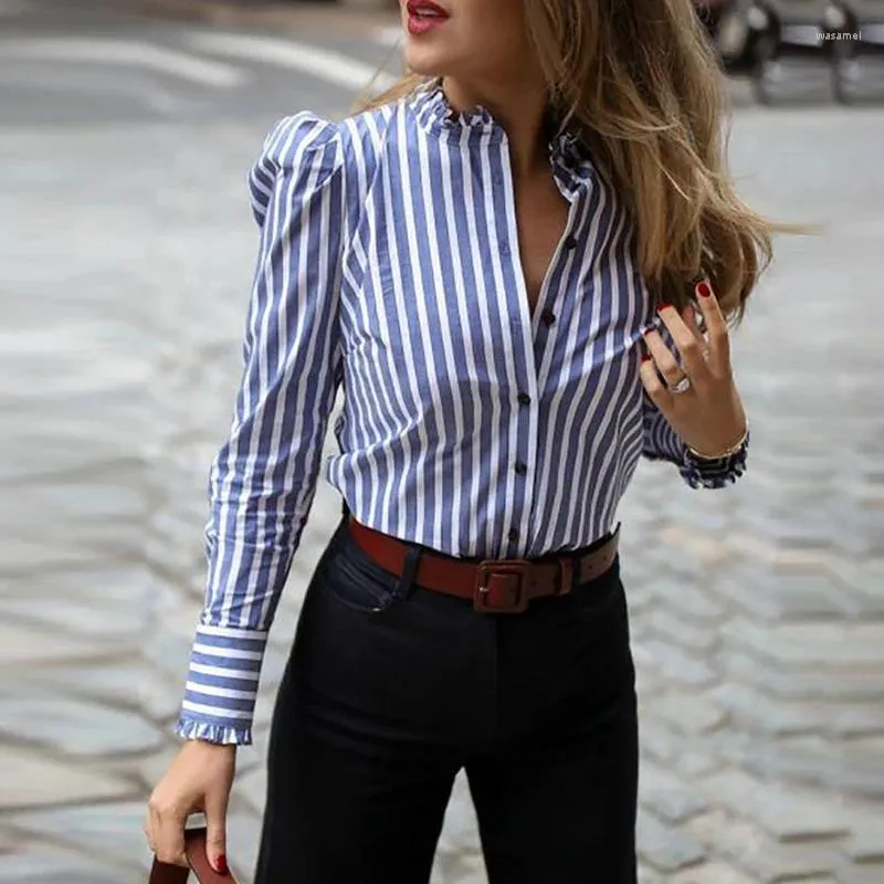 Women's Blouses Women Long Sleeve Striped Puffed Frill Hem Casual Blouse Elegant Ladies Workwear Shirt Top Blusas Mujer