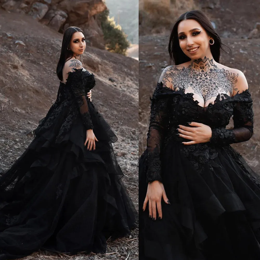 Plus Size Black Wedding Dresses Lace Beaded Sheer V Neck Illusion Long Sleeve Civil Bridal Gown Custom Made Robe De Mariee YD