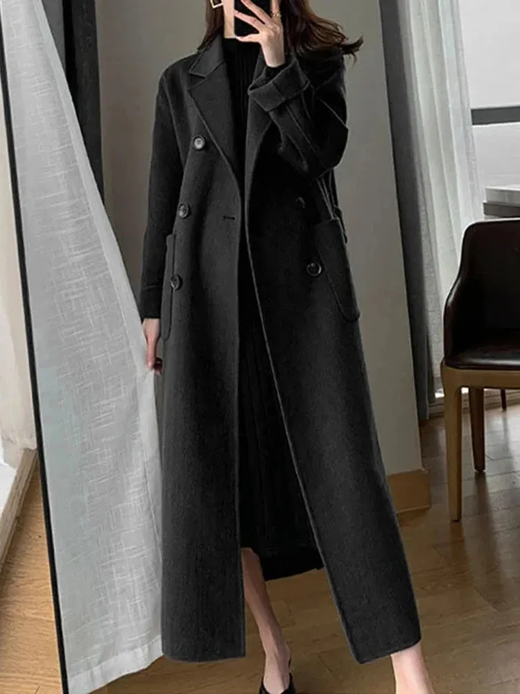 Женские куртки Zoki, модное длинное шерстяное пальто, женское элегантное искусственное повседневное пальто с поясом, зимняя офисная женская двубортная простая верхняя одежда 231205