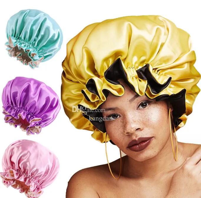 Extra large Women satin silk sleeping bonnet cap Double layer reverse color Sleep Hair Hat Female haircare caps Shower hat