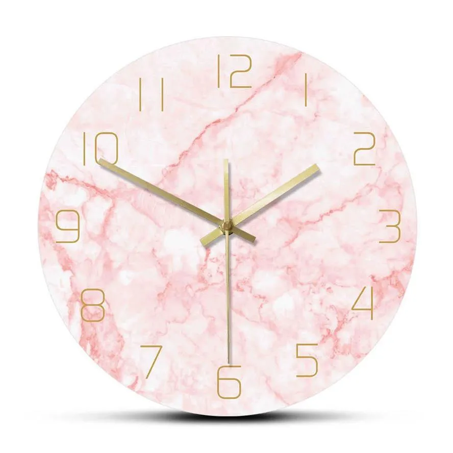 Horloge murale ronde en marbre rose naturel, silencieuse, sans tic-tac, décoration de salon, Art nordique, horloge murale minimaliste, montre murale silencieuse 2269P
