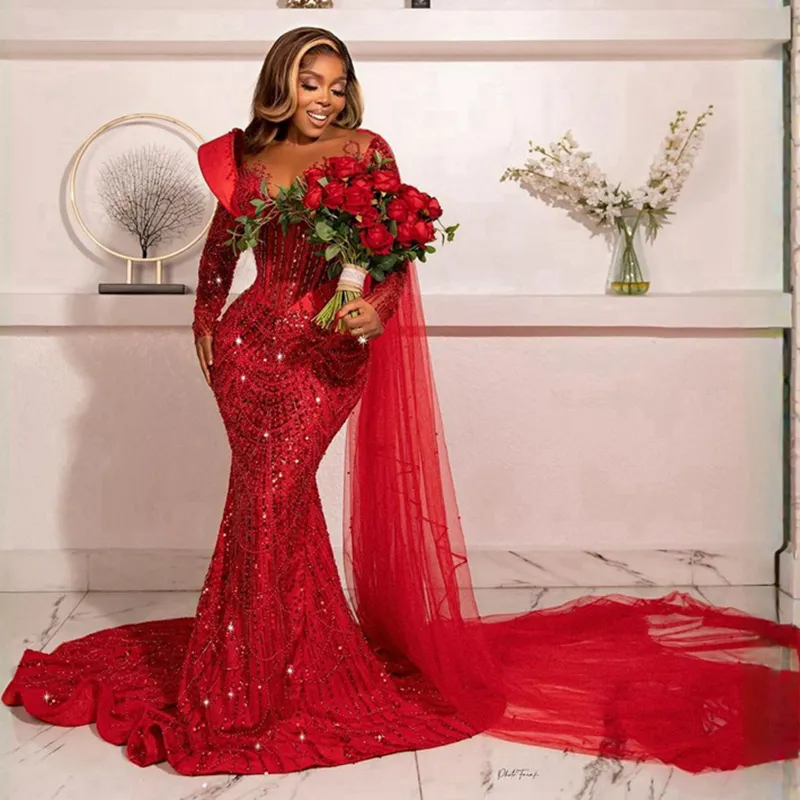 Red Aso Ebi Evening Dresses Illusion Mermaid Lace Beaded Long Sleeves Prom Dress With Wrap Birthday Party Gowns For Black Girls Second Reception Gala