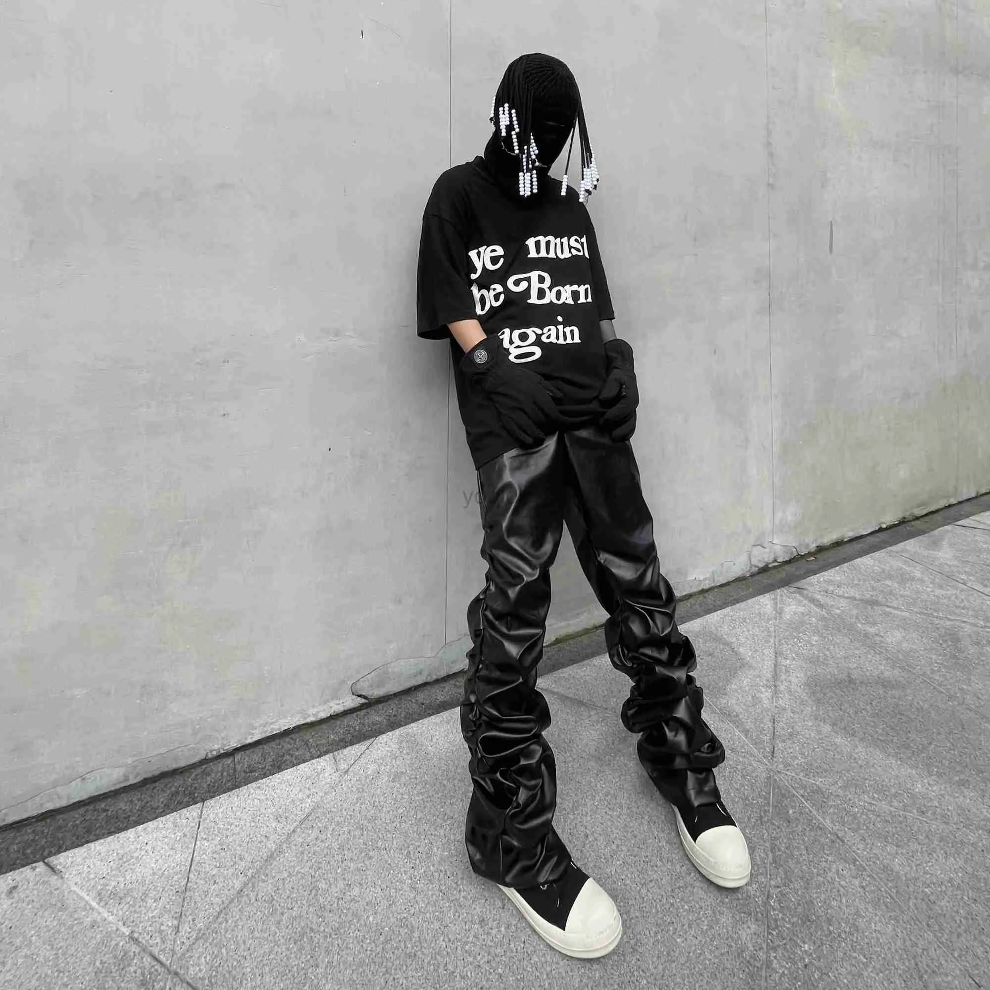 Leather Motorcycle Pants For Men Pleated, Streetwear, Cargo