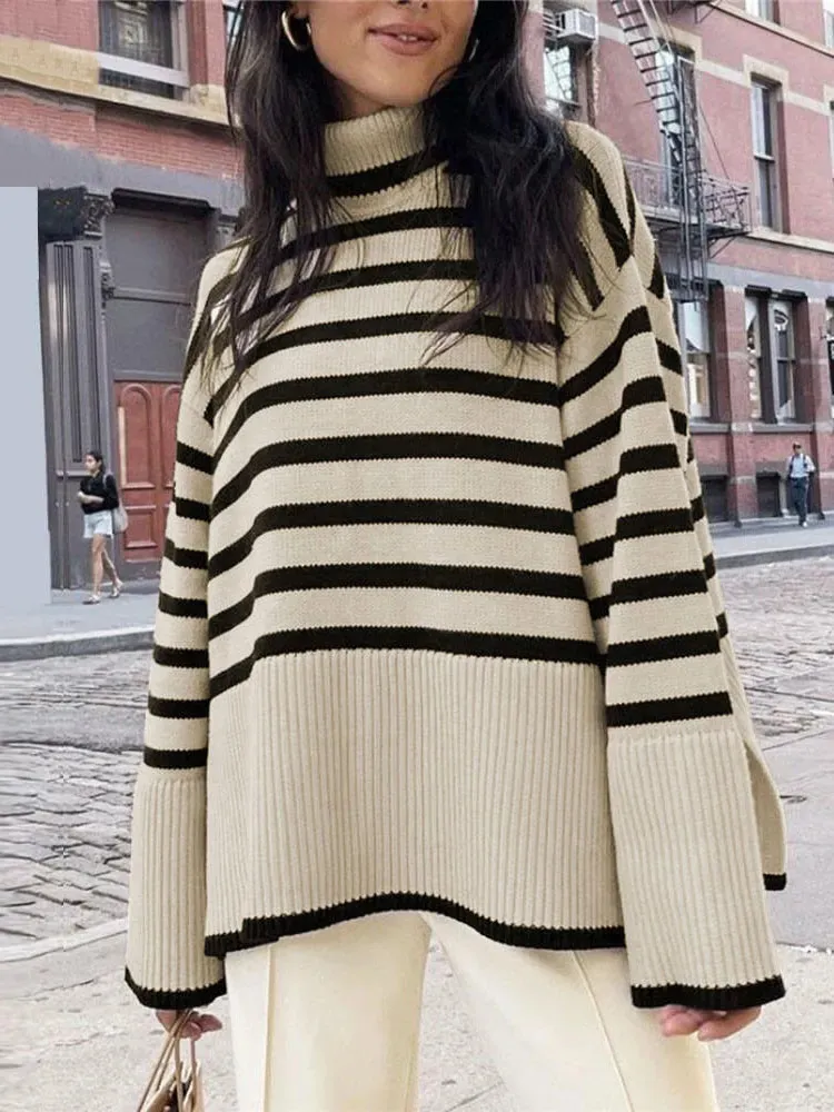 Damessweaters Zwart-wit gestreepte trui Street chic Losse top Pullover Vrouwelijke trui Lange mouw Coltrui Gebreid Geribbeld 231206