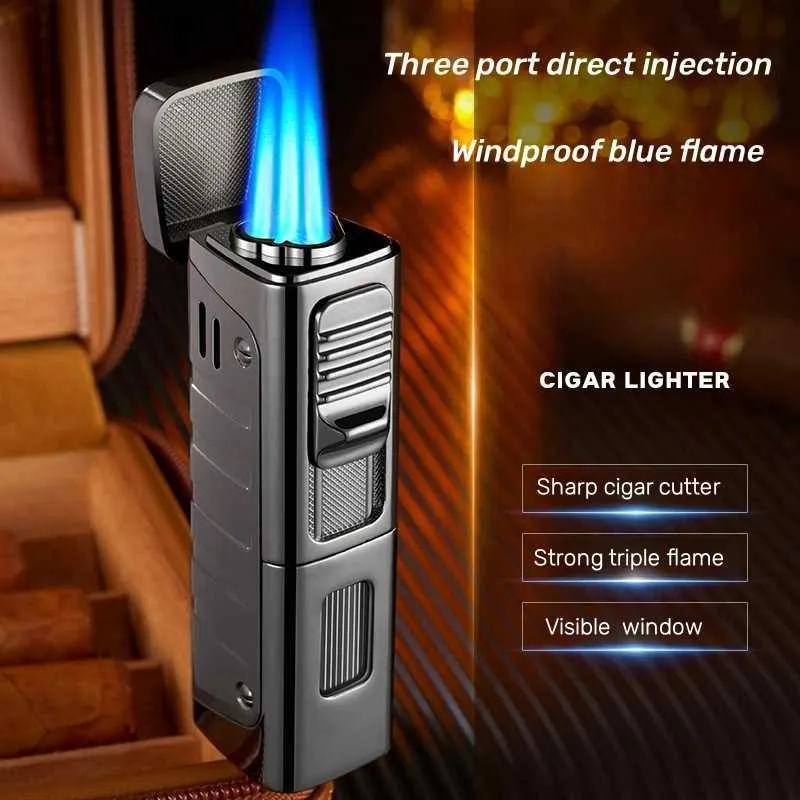 Three Flame Jet Cigar Lighter Metal Outdoor Portable Windproof Blue No Gas with Knife Tool Men's Gift