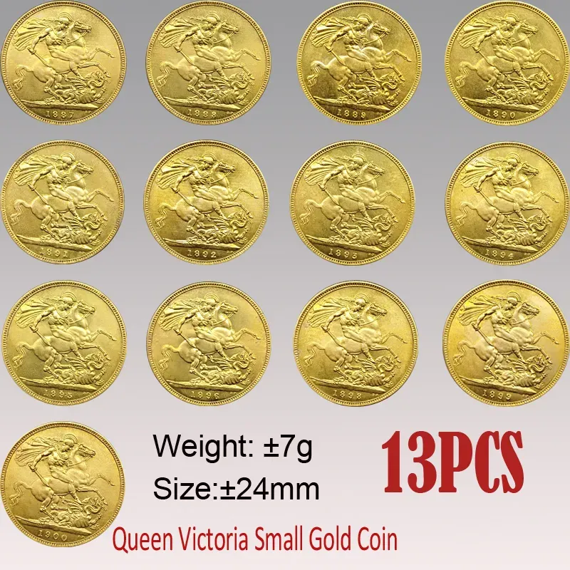 Pièce de monnaie souveraine Victoria britannique, 13 pièces, 1887 – 1900, petite copie en or de 24mm, pièces de collection d'art