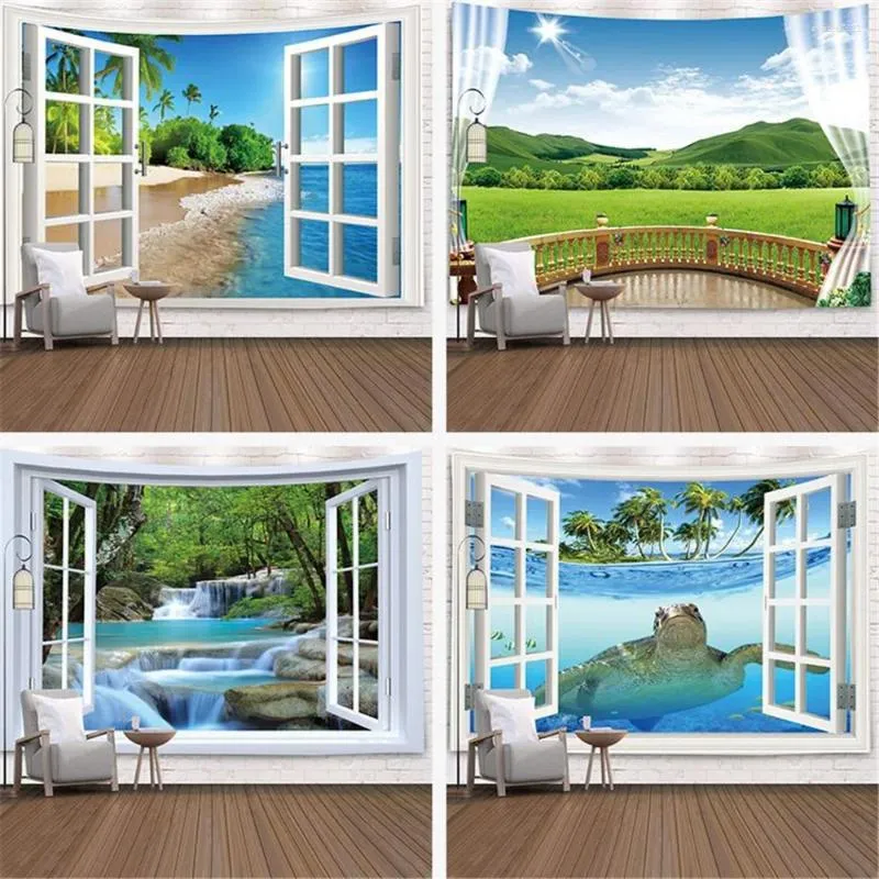 Tapisserier Windows Beach Tree Waterfall Large Tapestry Green Forest Landscape Wall Hanging Decor för sovsal estetik