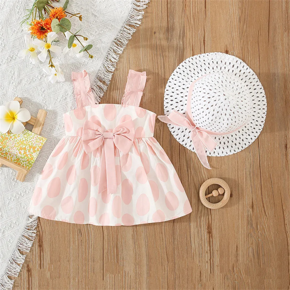 Girl's Dresses Girl's Baby Dress Summer 2-Piece Set for Toddlers Dot Bow Baby Dress+Sun Hat Girl's Cotton Comfort Clothing 2312306