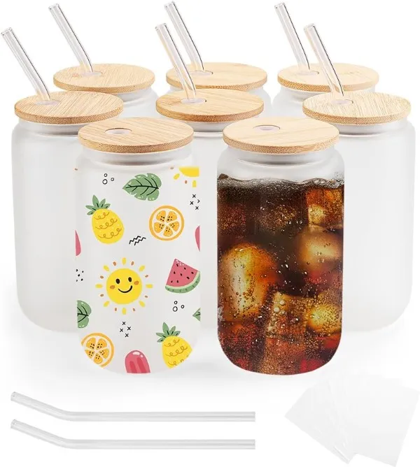 VS CA Warehouse Bamboo Deksel met stro, 16oz Frosted Sublimation Beer Jar Glass Blanco voor ijskoffie, frisdrank, sap