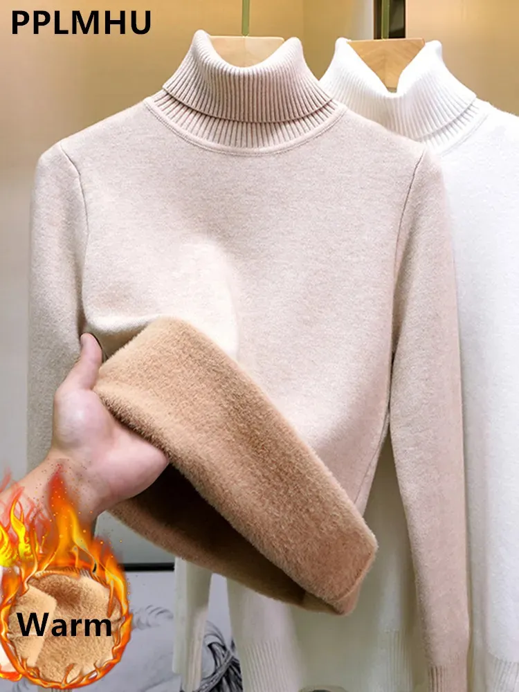 Suéteres femininos gola alta camisola de inverno mulheres elegante engrossar veludo forrado quente suéter de malha pulôver slim tops jersey malhas jumper 231206