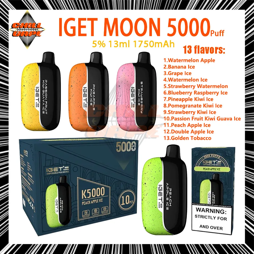 Оригинальные одноразовые электронные сигареты Iget Moon 5000 Puff, 13 мл, аккумулятор, 1750 мАч, перезаряжаемый, 13 вкусов, Puff, 5K, 5% прочности, одноразовый вейп