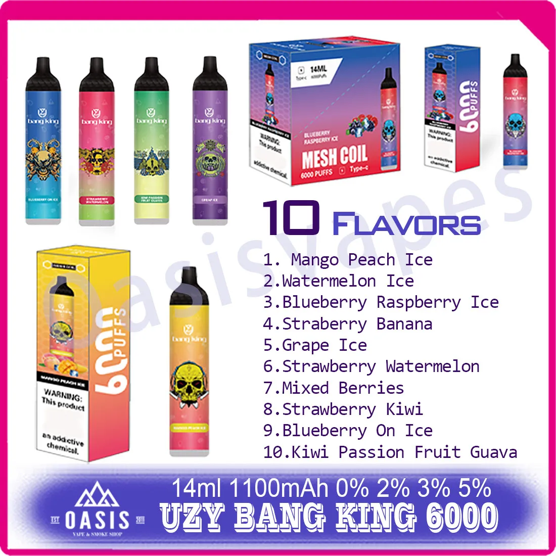 Original UZY Bang King 6000 Puff Einweg-E-Zigaretten 0,8 Ohm Mesh-Spule 14 ml Pod-Batterie wiederaufladbare elektronische Zigaretten Puff 6K 0% 2% 3% 5% Einweg-Vape