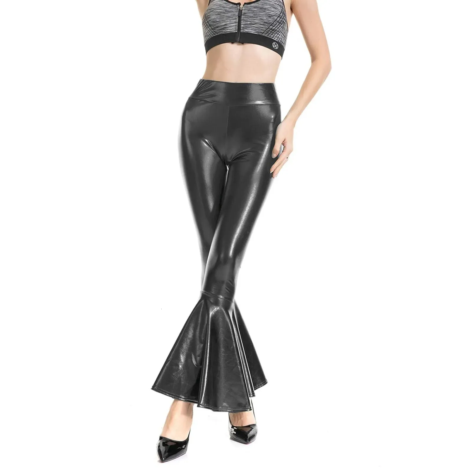 Женские брюки-двойки Pantalon en cuir brillant Metallique evase pour femmes Леггинсы Сексуальные длинные брюки с застежкой-клошем, расширяемые в стиле диско 70-х 4 231206