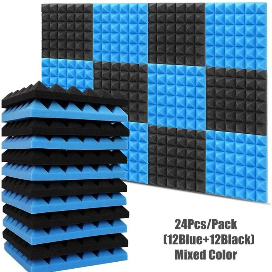 12pcs blue 12pcsブラックミックスカラーサウンドプルーフピラミッドスタジオフォーム30x30x5cmアコースティックパネルktv drun room wall pad wallpapers255n