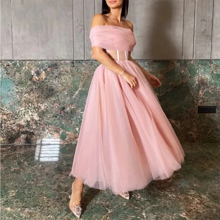Classic A-Line Pink Evening Dress Off-Shoulder Boat Neck Tea-Length Tulle  Formal Prom Gown from Dhgate Evening Dresses - price 104.96