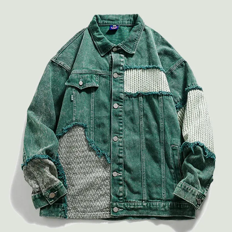 Men's Jackets Hip Hop Distressed Denim Jacket Men Vintage Harajuku Patchwork Cowboy Coats Streetwear Casual Loose Varsity Jackets Unisex Green 231206